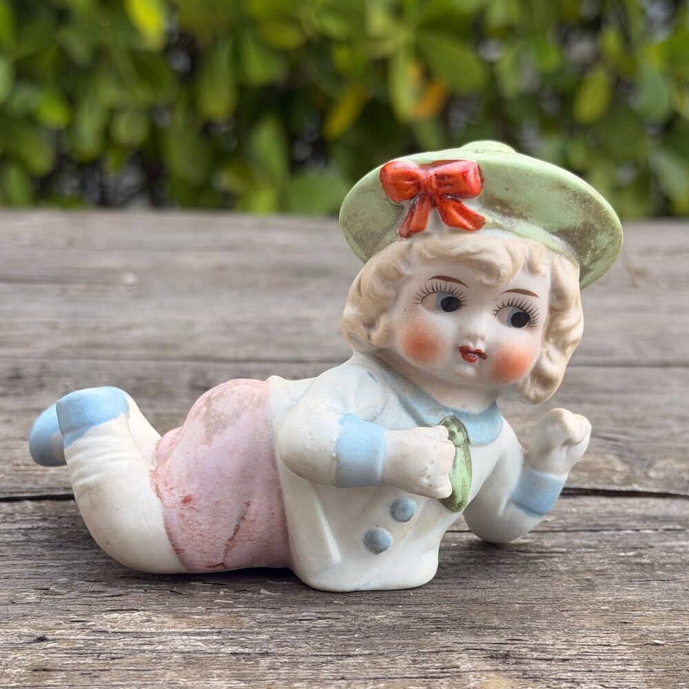 Vintage Crawling Baby Figurine Japan Bisque Ceramic Pastels 1940s 50s Nursery